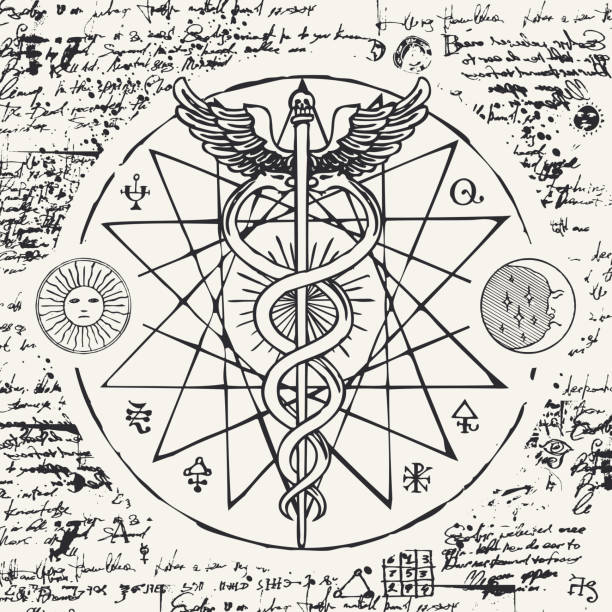 staff of Hermes with two snakes with wings Vector banner with a hand drawn illustration of a Caduceus with an octagonal star. The staff of Hermes with two snakes with wings against the background of an old illegible manuscript. Medical symbol caduceus medical symbol backgrounds stock illustrations