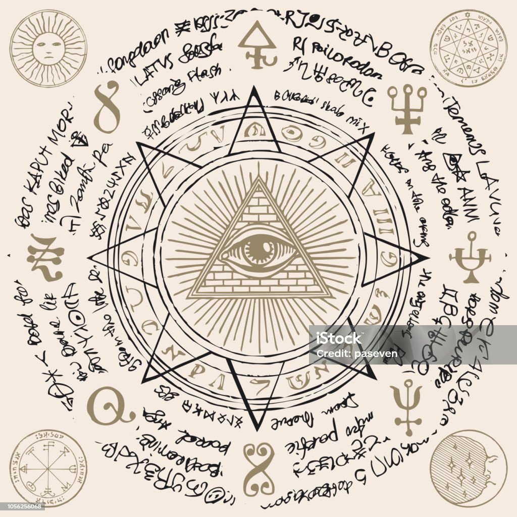 All-seeing eye of God inside triangle pyramid Vector banner with Eye of Providence. All-seeing eye inside triangle pyramid. Symbol Omniscience. Luminous Delta. Ancient mystical sacral illuminati symbol with magical inscriptions on beige backdrop Symbol stock vector