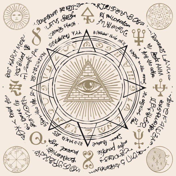 All-seeing eye of God inside triangle pyramid Vector banner with Eye of Providence. All-seeing eye inside triangle pyramid. Symbol Omniscience. Luminous Delta. Ancient mystical sacral illuminati symbol with magical inscriptions on beige backdrop masonic symbol stock illustrations