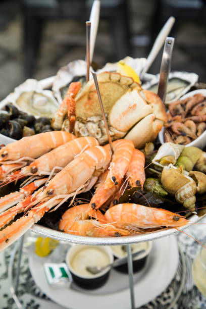 istock Plate with fresh assorted seafood in french summer restaurant. Close up image 1056257538
