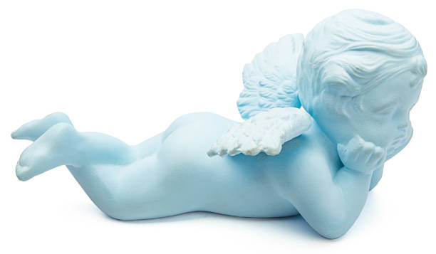 blue ceramic baby angel statue isolated on white background