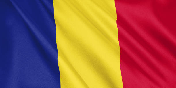 istock Romania flag waving with the wind, wide format, 3D illustration. 3D rendering. 1056265990