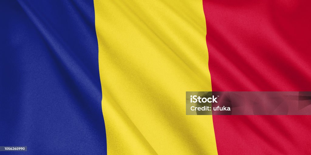 Romania flag waving with the wind, wide format, 3D illustration. 3D rendering. Bucharest Stock Photo