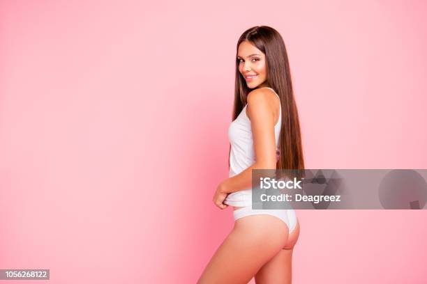 Young Gorgeous Nice Straighthaired Brunette Smiling Lady Wearing Sleepwear Copy Space Isolated Over Pink Pastel Background Stock Photo - Download Image Now