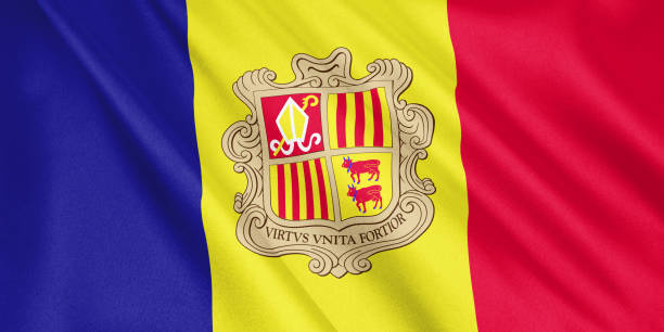 istock Andorra flag waving with the wind, wide format, 3D illustration. 3D rendering. 1056268312