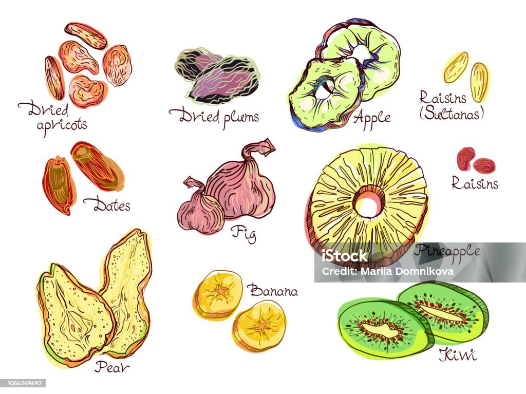 Dehydrated fruit set Dehydrated fruit set in engraved style with lettering. Fully editable color vector illustrations. Raisin stock vector