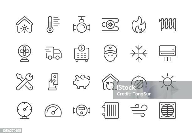 Heating And Cooling Regular Line Icons Stock Illustration - Download Image Now - Icon Symbol, Radiator - Heater, Heat - Temperature