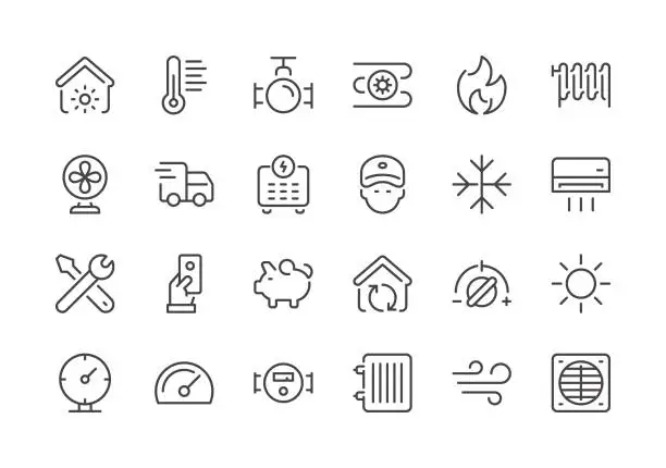 Vector illustration of Heating and Cooling - Regular Line Icons