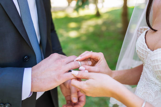 istock Newly wed couple's hands with wedding rings 1056270262