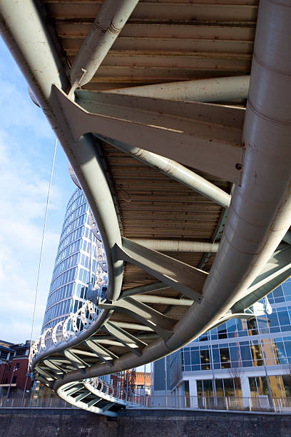 A new curved footbridge over the Avon River in Bristol, UK.  In the background are modern office blocks.