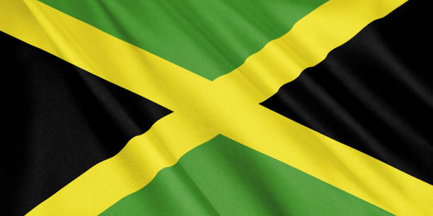 istock Jamaica flag waving with the wind, wide format, 3D illustration. 3D rendering. 1056271180