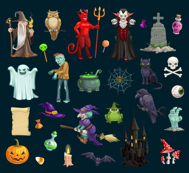 ilustrações de stock, clip art, desenhos animados e ícones de halloween holiday evil characters, vector - halloween horror vampire witch