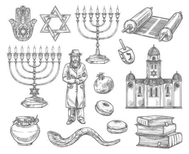 yahudilik dini semboller, yahudi nesneleri - şofar illüstrasyonlar stock illustrations