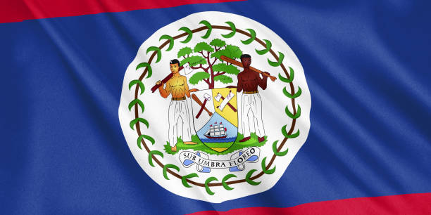 istock Belize flag waving with the wind, wide format, 3D illustration. 3D rendering. 1056275034
