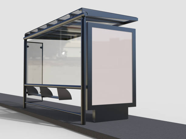 blank white mock up of vertical light box in a bus stop. 3d render illustration. - bus stop imagens e fotografias de stock