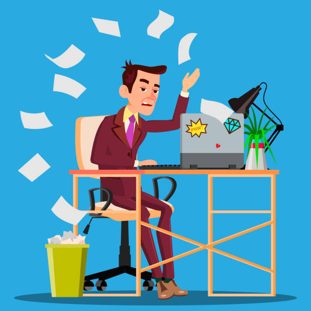 Angry Manager Siting At Table Crumples The Paper And Throwing It In Paper Basket Vector. Isolated Illustration Angry Manager Siting At Table Crumples The Paper And Throwing It In Paper Basket Vector. Illustration crumbled piles of paper desk stock illustrations