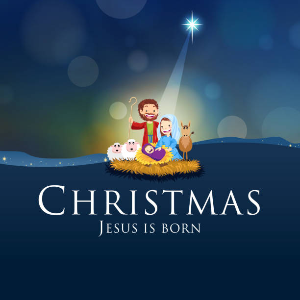 Christmas - Jesus is Born The key of Christmas is the birth of Jesus with Josephk, Mary, donkey and sheep in the holy night jesus christ birth stock illustrations