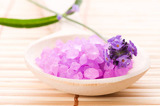 lavender bath items. salt, and fresh flower