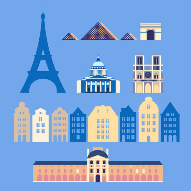 frankreich, die stadt paris. die architektur der stadt. eiffelturm, notre dame de paris kathedrale, louvre, triumphbogen bogen-, pantheon. set, sammlung. - pantheon paris paris france france europe stock-grafiken, -clipart, -cartoons und -symbole