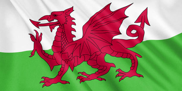 istock Wales flag waving with the wind, wide format, 3D illustration. 3D rendering. 1056281756