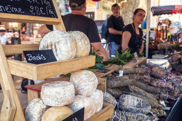 Artisanal cheese for sale at artisan market in Ile rousse stock photo