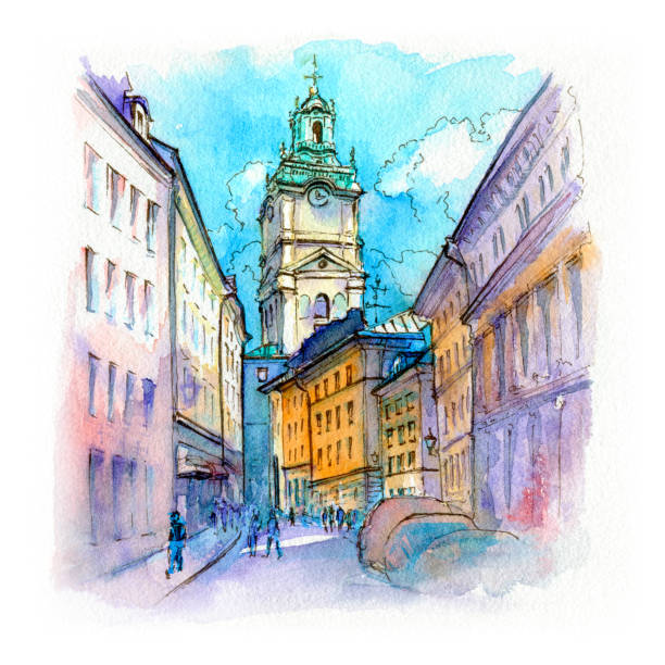 Watercolor sketch of Church of Stockholm Cathedral in Gamla Stan, Old Town of Stockholm, the capital of Sweden