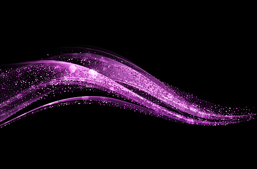 Abstract shiny color purple gold wave design element with glitter effect on dark background.