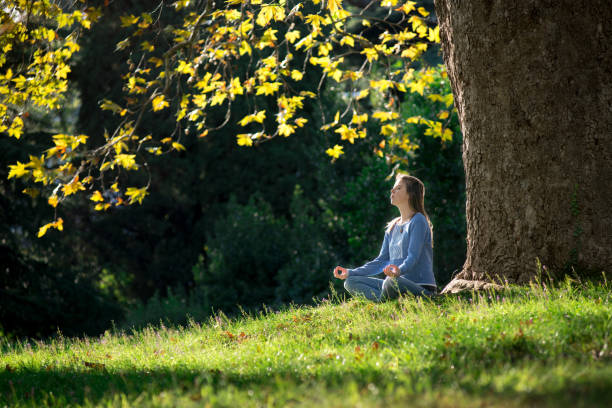 istock Girl meditates sitting on the grass under a maple tree in autumn 1056291680