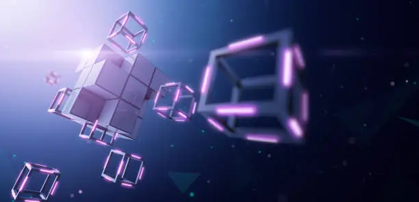 Blockchain Technology, Large block dismantles in to small cube - 3D Rendering