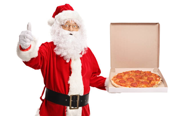 istock Santa Claus holding a pizza box and making a thumb up sign 1056299314