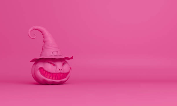 istock Smiling pink pastel pumpkin head jack o lantern with witches hat 1056303686