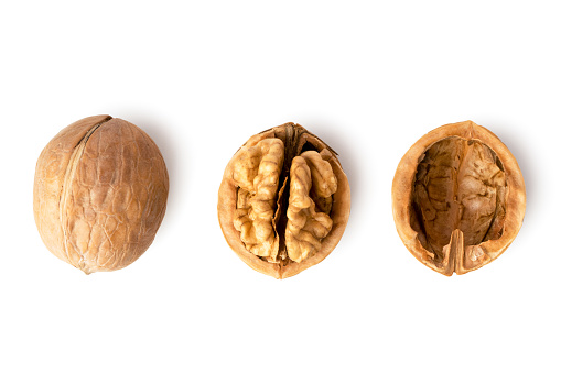 Walnut whole, half and shell on a white background. The view from the top.