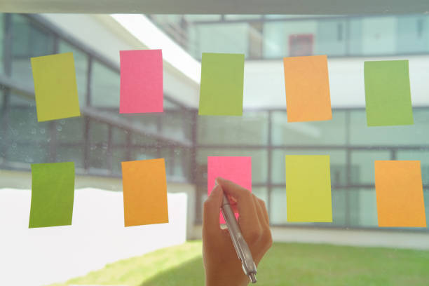 istock hand write on adhesive notes on glass wall. Sticky note paper reminder schedule for discussing creative idea & business brainstorming 1056306260