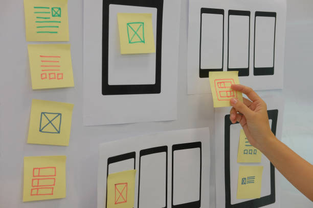 istock user experience UX designer designing web on mobile phone tablet layout. UI planning mobile application. developer work with business prototype 1056306394