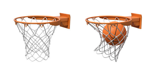 istock 3d rendering of two basketball nets with orange hoops, one empty and one with a ball falling inside. 1056306886