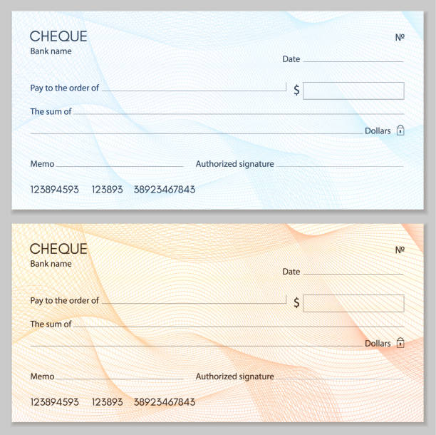 Check, Cheque (Chequebook template). Guilloche pattern Abstract line watermark. Background hi detailed for banknote, money design, currency, bank note, Voucher, Gift certificate, Money coupon tax borders stock illustrations