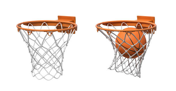 istock 3d rendering of two basketball nets with orange hoops, one empty and one with a ball falling inside. 1056309006