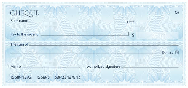 Check, Cheque (Chequebook template). Guilloche pattern Abstract floral watermark, border. Blue background for banknote, money design, currency, bank note, Voucher, Gift certificate, Money coupon tax borders stock illustrations