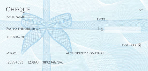 Check, Cheque (Chequebook template). Guilloche pattern with blue bow watermark Background hi detailed for banknote, money design, currency, bank note, Voucher, Gift certificate, Money coupon tax borders stock illustrations