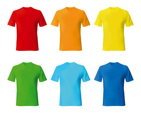Set color male tshirt template realistic mockup. Vector illustration.