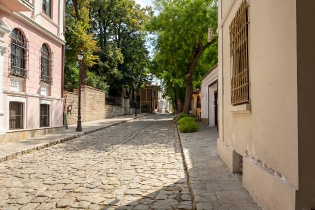 istock Old curved street in plovdiv,bulgaria. 1056323638