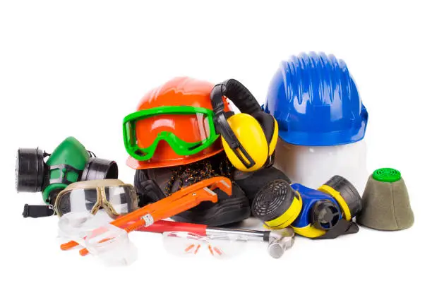 Various working equipment. Iit is isolated in a white background. Close-up.