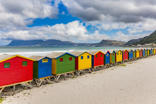 Cullera Spain colourful beach huts on the beautiful beach and tourist destination Mediterranean coast