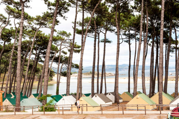 camping ground on islas cies, galicia, spain - geschützt imagens e fotografias de stock