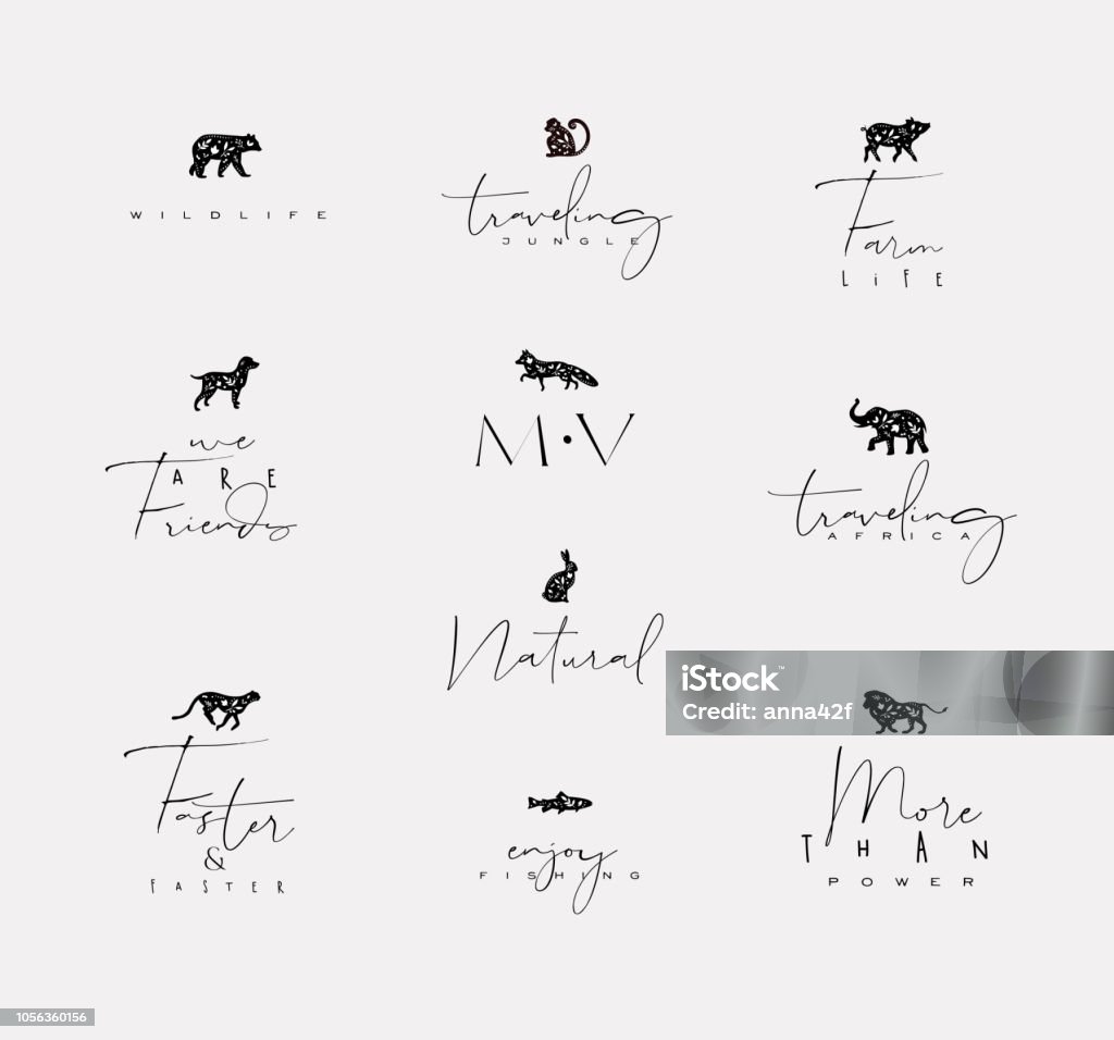 Animals mini floral graphic signs Set of animals mini floral graphic signs bear, fish, monkey, fox, pig, dograbbit, elephant, cheetah with lettering drawing on dirty background Dog stock vector