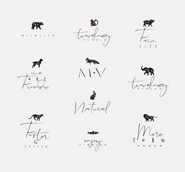 Animals mini floral graphic signs Set of animals mini floral graphic signs bear, fish, monkey, fox, pig, dograbbit, elephant, cheetah with lettering drawing on dirty background elephant art stock illustrations