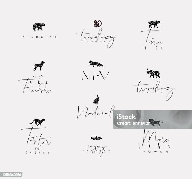 Animals Mini Floral Graphic Signs Stock Illustration - Download Image Now - Dog, Illustration, Icon Symbol