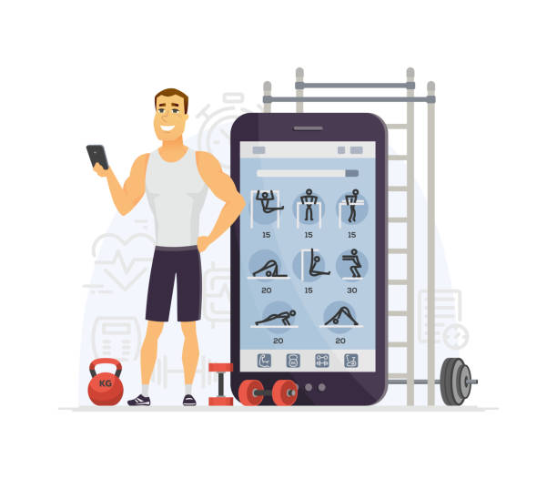 Fitness app - modern vector cartoon character illustration Fitness app - modern vector cartoon character illustration isolated on white background. Composition with young sportive man using mobile service to do exercises, workout, keep fit. Healthy lifestyle Barbell stock illustrations