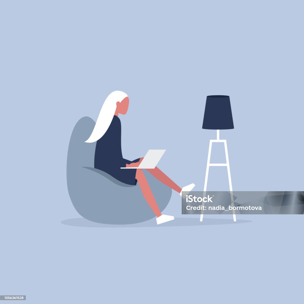 Office furniture. Young female manager sitting on the bean bag chair. Daily life. Flat editable vector illustration, clip art Student stock vector