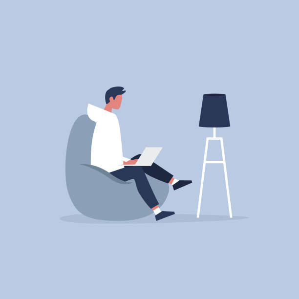 Office furniture. Young manager sitting on the bean bag chair. Daily life. Flat editable vector illustration, clip art Office furniture. Young manager sitting on the bean bag chair. Daily life. Flat editable vector illustration, clip art bean bag illustrations stock illustrations